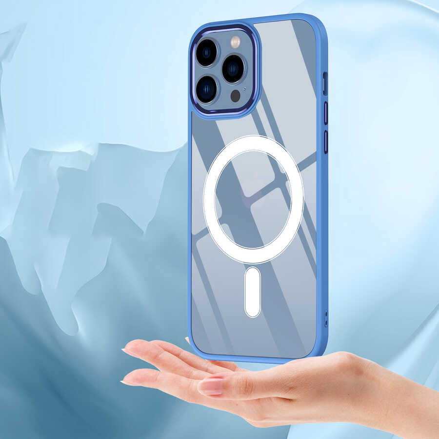 Apple iPhone 12 Pro Max Kılıf Wireless Şarj Özellikli Zore Krom M-safe Silikon Kapak Lacivert