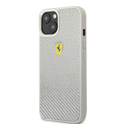 Apple iPhone 13 Kılıf Ferrari Orjinal Lisanlı Klasik Metal Logolu Karbon Dizayn Kapak Gümüş