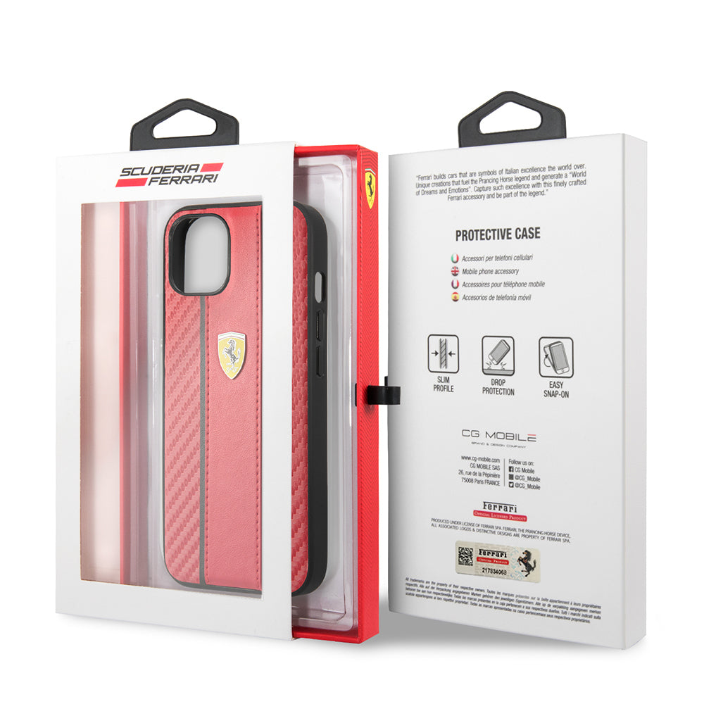 Apple iPhone 13 Kılıf Ferrari Orjinal Lisanslı PU Deri Ve Karbon Dizayn Kapak Kırmızı
