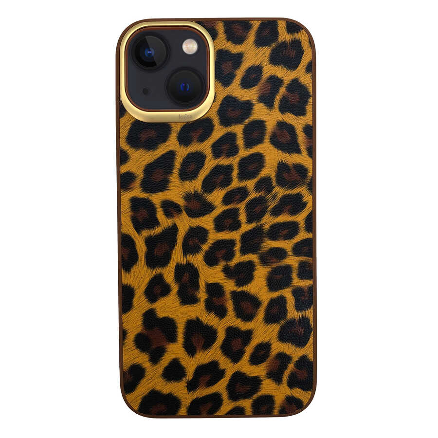 Apple iPhone 13 Kılıf Kajsa Glamorous Serisi Leopard Combo Kapak Kahverengi