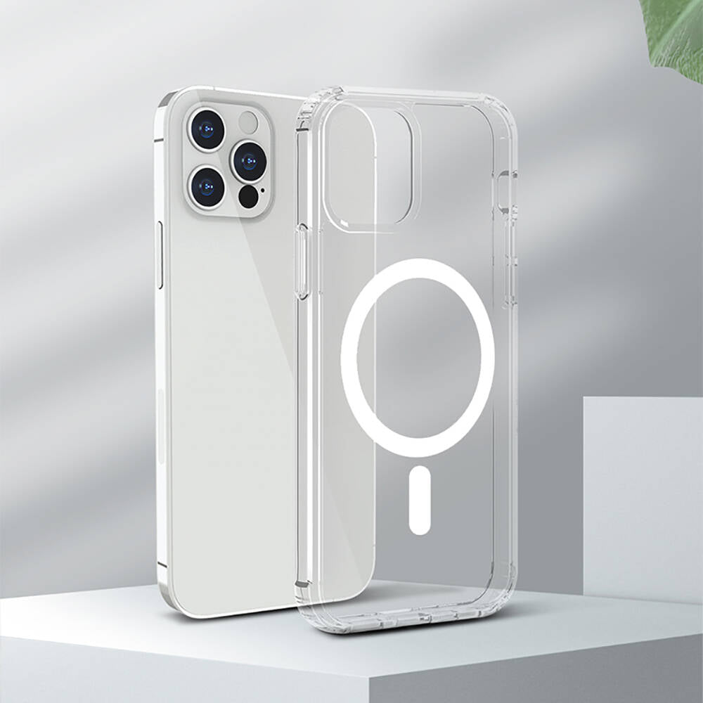 Apple iPhone 13 Kılıf M-safe Şarj Özellikli Airbagli Şeffaf PC Arka Yüzey Recci Magnetik Suction Serisi Kapak Şeffaf