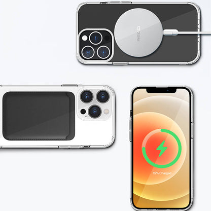 Apple iPhone 13 Kılıf M-safe Şarj Özellikli Airbagli Şeffaf PC Arka Yüzey Recci Magnetik Suction Serisi Kapak Şeffaf