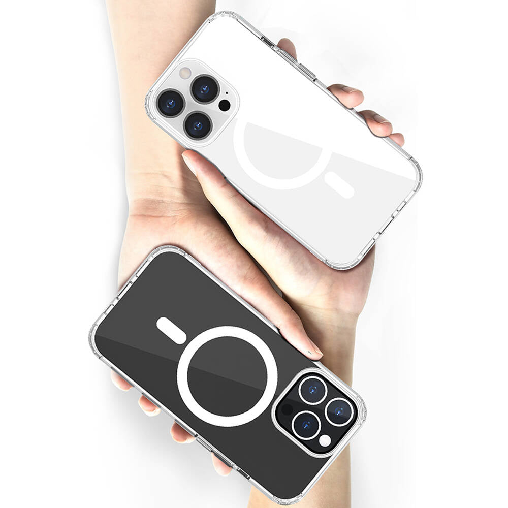 Apple iPhone 13 Kılıf M-safe Şarj Özellikli Airbagli Şeffaf PC Arka Yüzey Recci Magnetik Suction Serisi Kapak Şeffaf