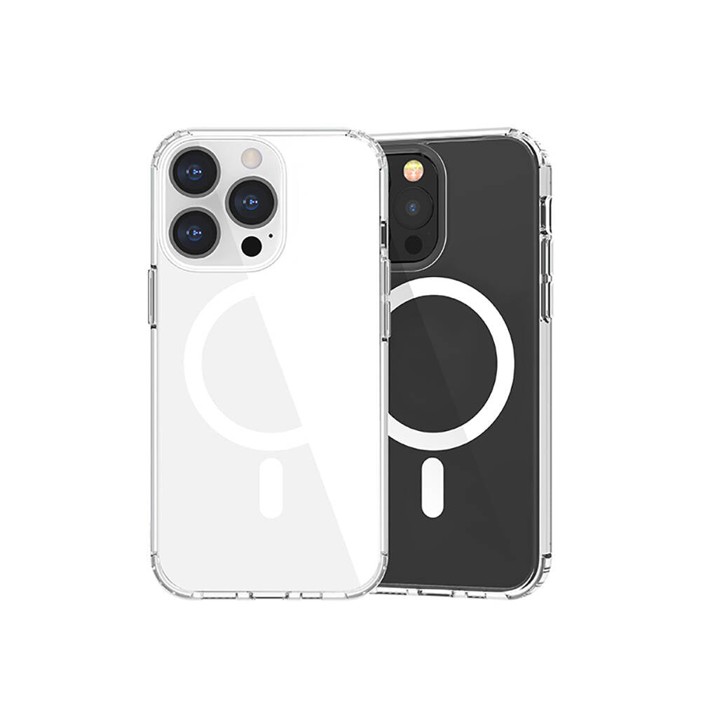 Apple iPhone 13 Kılıf M-safe Şarj Özellikli Airbagli Şeffaf PC Arka Yüzey Recci Magnetik Suction Serisi Kapak Şeffaf