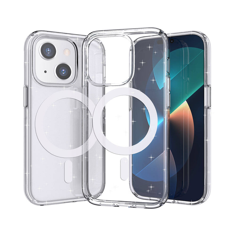 Apple iPhone 13 Kılıf M-safe Şarj Özellikli Parlayan Simli Saydam Renkli Zore Allstar Kapak