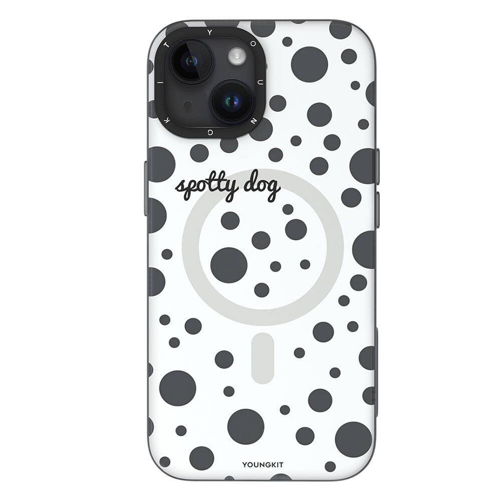 Apple iPhone 13 Kılıf M-safe Şarj Özellikli Polka Dot Desenli Youngkit Spots Serisi Kapak Beyaz