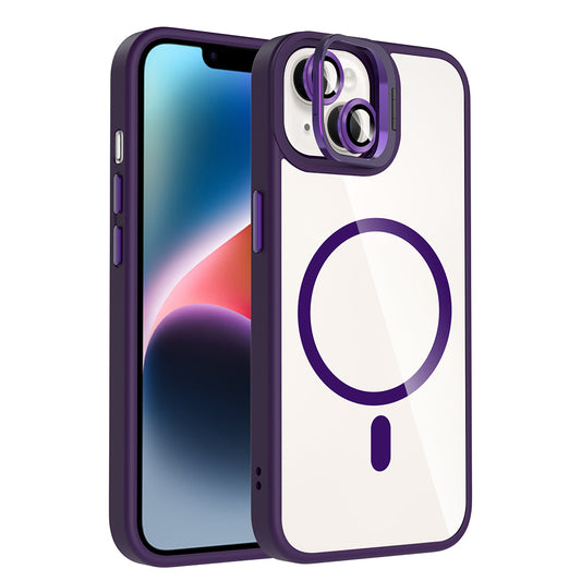 Apple iPhone 13 Kılıf Standlı ve Kamera Lens Hediyeli M-Safe Şarj Özellikli Zore Etro Kapak Derin Mor