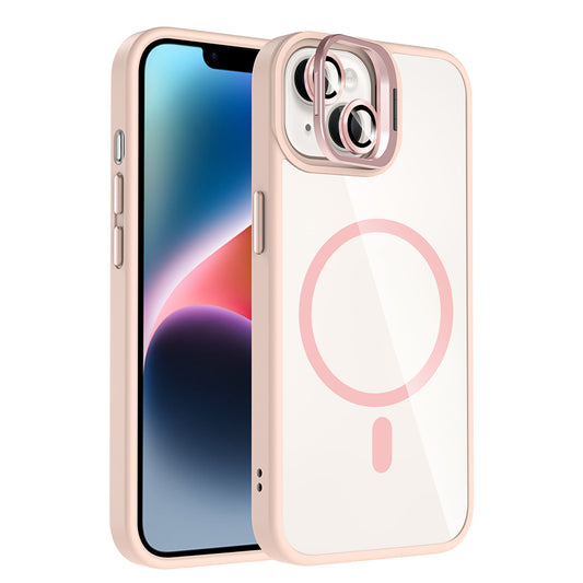 Apple iPhone 13 Kılıf Standlı ve Kamera Lens Hediyeli M-Safe Şarj Özellikli Zore Etro Kapak Pembe