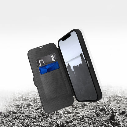 Apple iPhone 13 Kılıf Vegan Deri Tasarımlı Şeffaf Arka Yüzey Kartlıklı Raptic Urban Folio Serisi Kapak Siyah