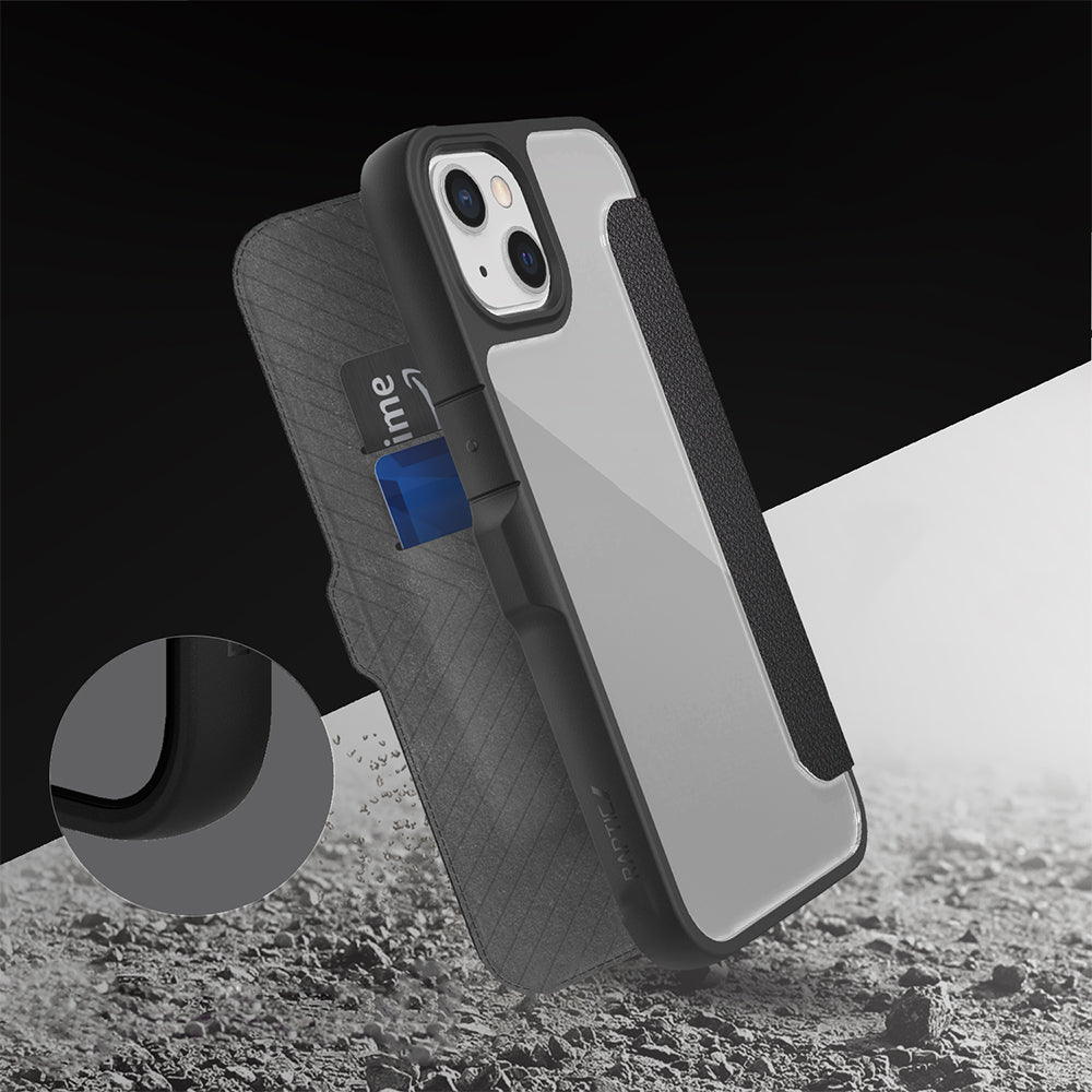 Apple iPhone 13 Kılıf Vegan Deri Tasarımlı Şeffaf Arka Yüzey Kartlıklı Raptic Urban Folio Serisi Kapak Siyah