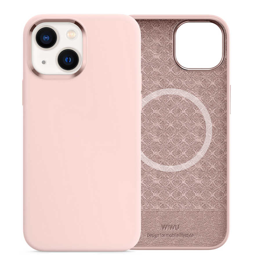 Apple iPhone 13 Kılıf Wiwu M-safe Magnetic Silikon Kapak Pembe Açık