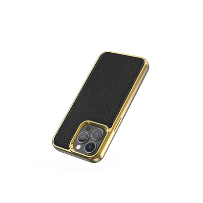 Apple iPhone 13 Mini Kılıf Wiwu Genuine Leather Gold Calfskin Orjinal Deri Kapak Siyah
