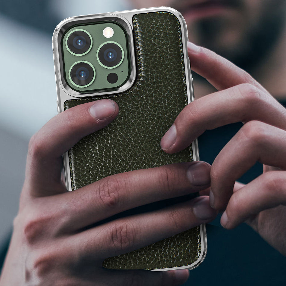 Apple iPhone 13 Mini Kılıf Wiwu Genuine Leather Silver Calfskin Orjinal Deri Kapak Yeşil