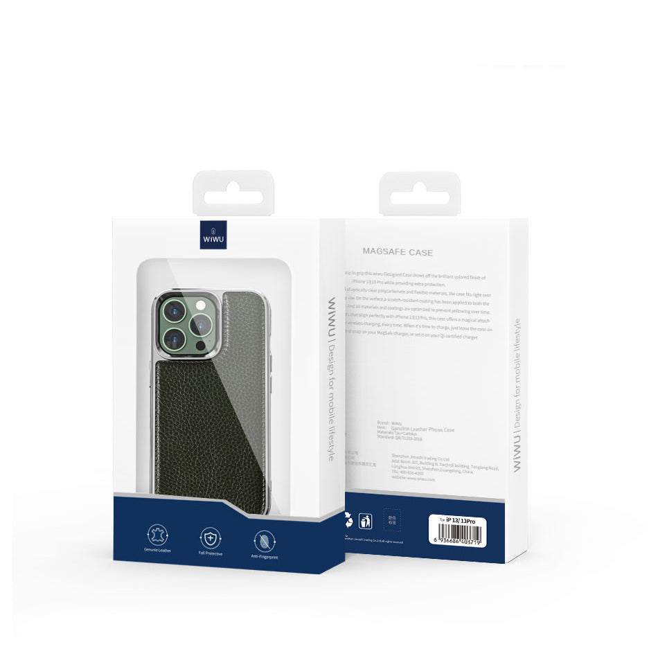 Apple iPhone 13 Mini Kılıf Wiwu Genuine Leather Silver Calfskin Orjinal Deri Kapak Yeşil