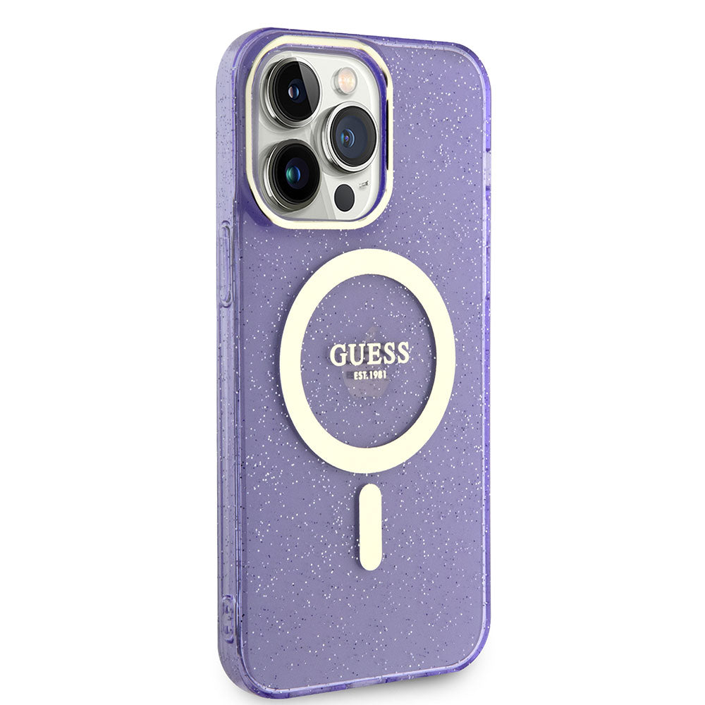 Apple iPhone 13 Pro Kılıf GUESS M-safe Şarj Özellikli Glitter Kapak Mor
