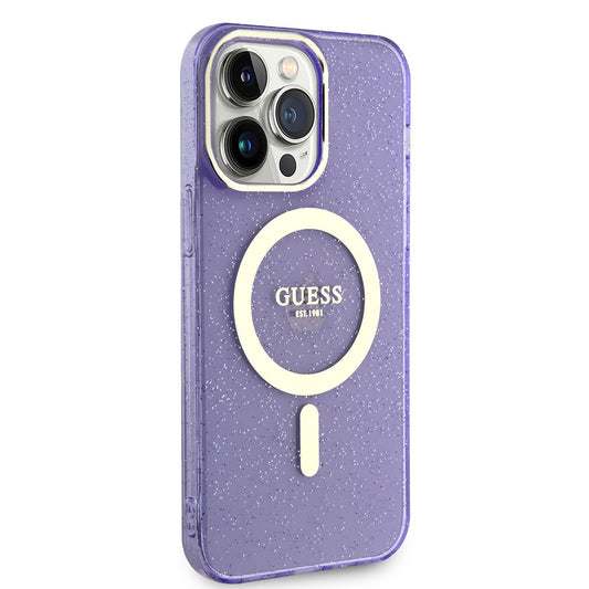 Apple iPhone 13 Pro Kılıf GUESS M-safe Şarj Özellikli Glitter Kapak Mor