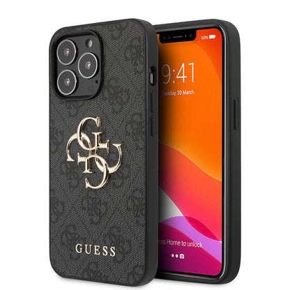 Apple iPhone 13 Pro Kılıf Guess Orjinal Lisanslı PU Deri 4G Desenli Metal Büyük 4G ve Yazı Logolu Kapak