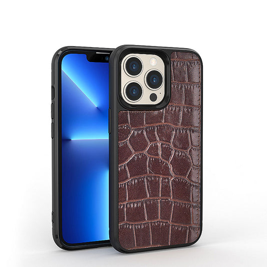 Apple iPhone 13 Pro Kılıf Wiwu Croco Pattern Calfskin Orjinal Deri Kapak Kahverengi