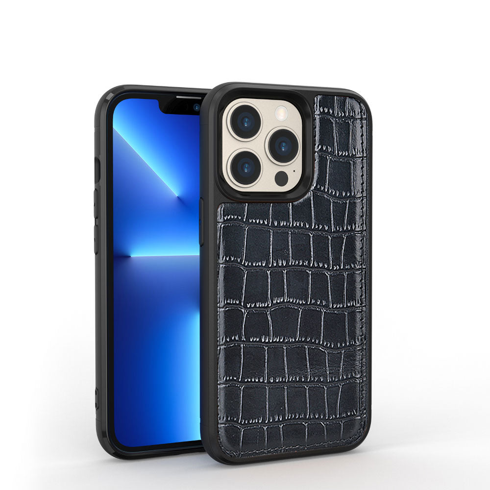 Apple iPhone 13 Pro Kılıf Wiwu Croco Pattern Calfskin Orjinal Deri Kapak Siyah