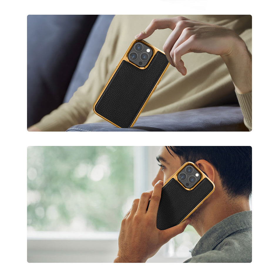 Apple iPhone 13 Pro Kılıf Wiwu Genuine Leather Gold Calfskin Orjinal Deri Kapak Yeşil