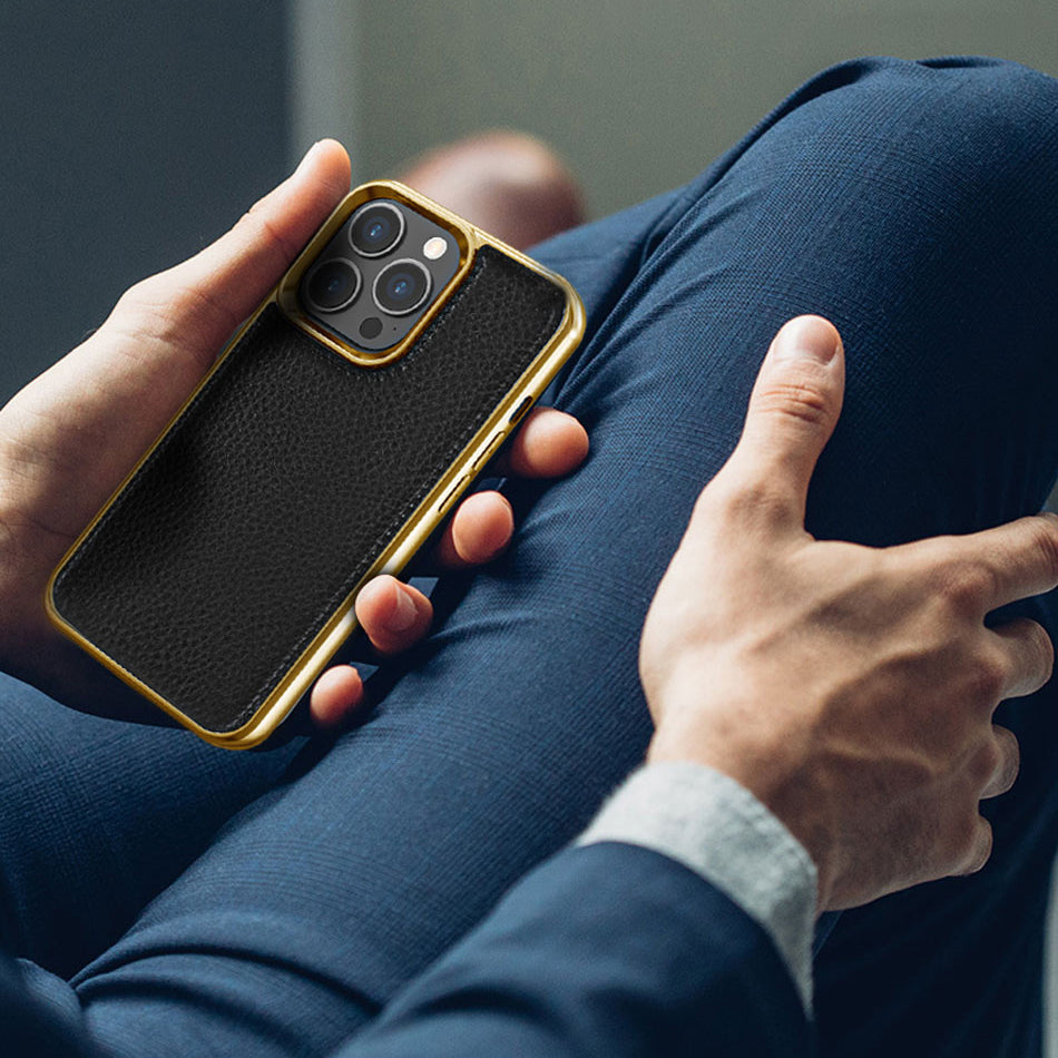 Apple iPhone 13 Pro Kılıf Wiwu Genuine Leather Gold Calfskin Orjinal Deri Kapak Yeşil