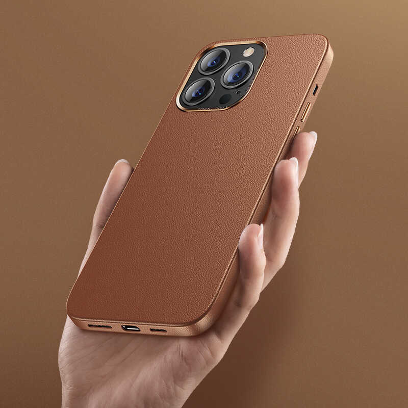 Apple iPhone 13 Pro Max Kılıf Benks Magnetic Hakiki Deri Kılıf Kahverengi