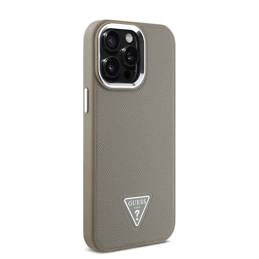 Apple iPhone 13 Pro Max Kılıf Guess Orjinal Lisanslı M-safe Şarj Özellikli Grained Triangle Kapak Siyah