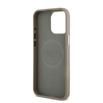 Apple iPhone 13 Pro Max Kılıf Guess Orjinal Lisanslı M-safe Şarj Özellikli Grained Triangle Kapak Kahverengi