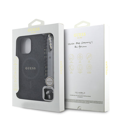 Apple iPhone 13 Pro Max Kılıf Guess Orjinal Lisanslı M-safe Şarj Özellikli PU Deri Bilek Askı İpli Yazı Logolu Kapak Pembe