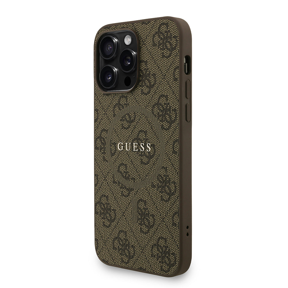 Apple iPhone 13 Pro Max Kılıf Guess Orjinal Lisanslı M-safe Şarj Özellikli PU Deri Bilek Askı İpli Yazı Logolu Kapak Kahverengi