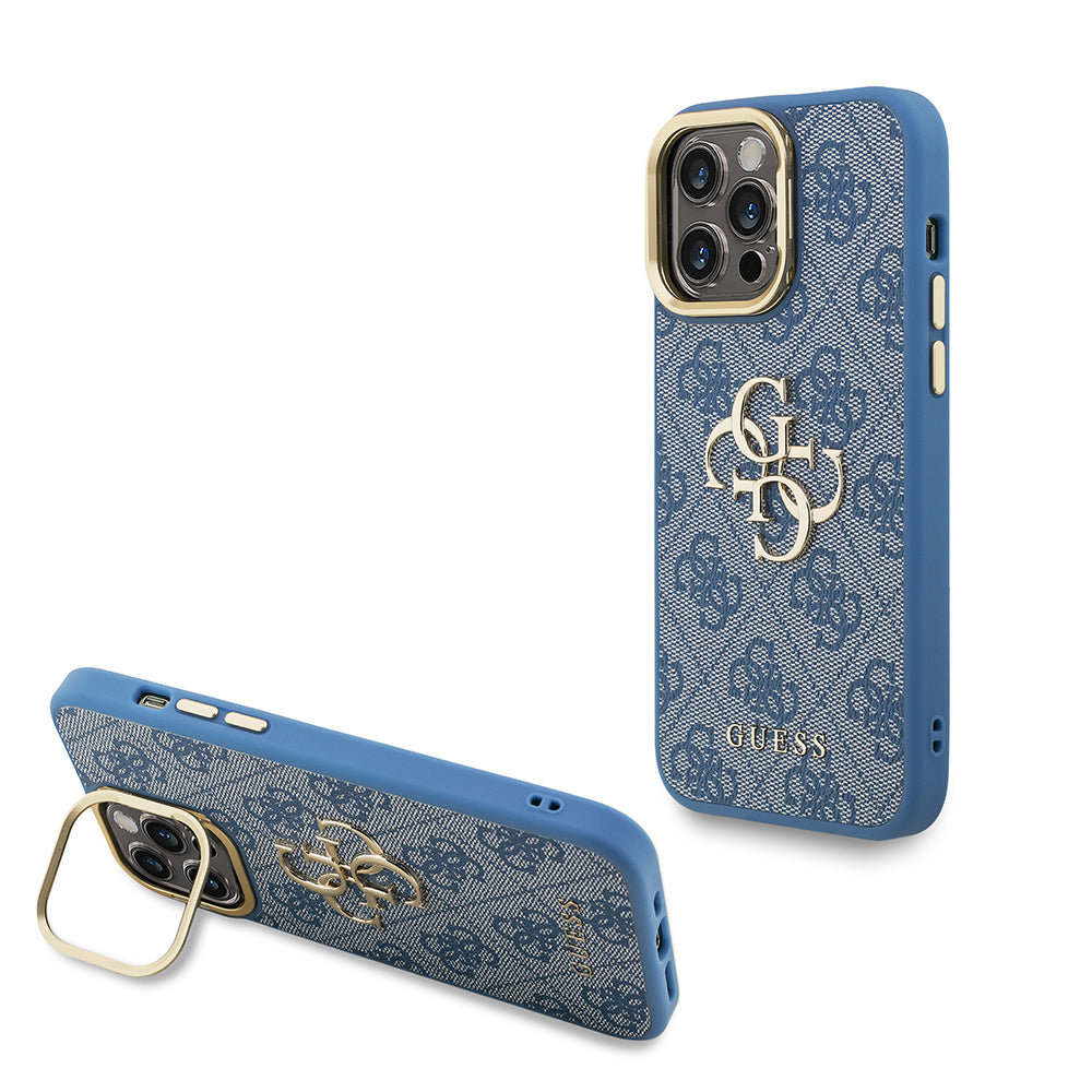 Apple iPhone 13 Pro Max Kılıf Guess Orjinal Lisanslı PU Deri 4G Desenli Metal Büyük 4G ve Yazı Logolu Kamera Standlı Kapak Siyah