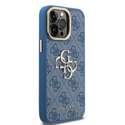 Apple iPhone 13 Pro Max Kılıf Guess Orjinal Lisanslı PU Deri 4G Desenli Metal Büyük 4G ve Yazı Logolu Kamera Standlı Kapak Siyah