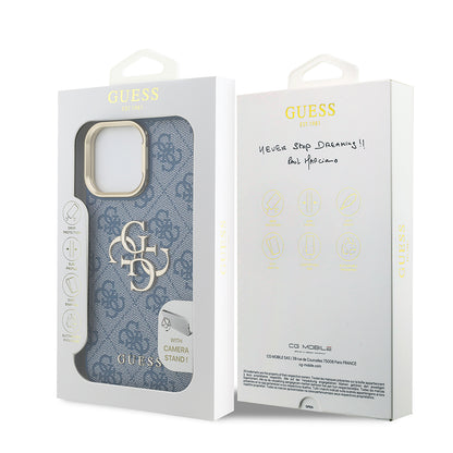 Apple iPhone 13 Pro Max Kılıf Guess Orjinal Lisanslı PU Deri 4G Desenli Metal Büyük 4G ve Yazı Logolu Kamera Standlı Kapak Mavi
