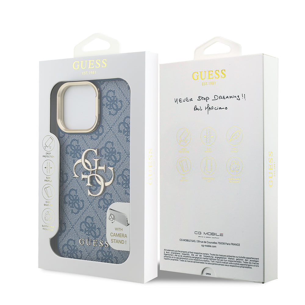 Apple iPhone 13 Pro Max Kılıf Guess Orjinal Lisanslı PU Deri 4G Desenli Metal Büyük 4G ve Yazı Logolu Kamera Standlı Kapak Kahverengi