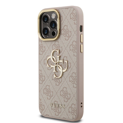 Apple iPhone 13 Pro Max Kılıf Guess Orjinal Lisanslı PU Deri 4G Desenli Metal Büyük 4G ve Yazı Logolu Kamera Standlı Kapak Kahverengi