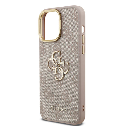 Apple iPhone 13 Pro Max Kılıf Guess Orjinal Lisanslı PU Deri 4G Desenli Metal Büyük 4G ve Yazı Logolu Kamera Standlı Kapak Kahverengi