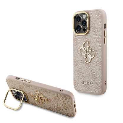 Apple iPhone 13 Pro Max Kılıf Guess Orjinal Lisanslı PU Deri 4G Desenli Metal Büyük 4G ve Yazı Logolu Kamera Standlı Kapak Pembe