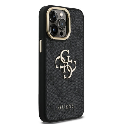 Apple iPhone 13 Pro Max Kılıf Guess Orjinal Lisanslı PU Deri 4G Desenli Metal Büyük 4G ve Yazı Logolu Kamera Standlı Kapak Pembe