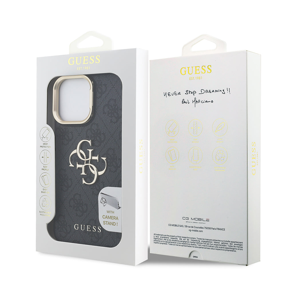 Apple iPhone 13 Pro Max Kılıf Guess Orjinal Lisanslı PU Deri 4G Desenli Metal Büyük 4G ve Yazı Logolu Kamera Standlı Kapak Siyah