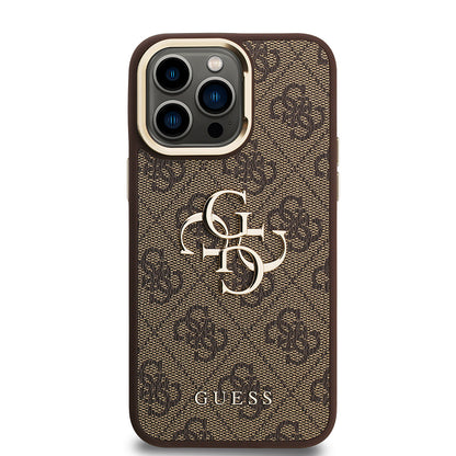 Apple iPhone 13 Pro Max Kılıf Guess Orjinal Lisanslı PU Deri 4G Desenli Metal Büyük 4G ve Yazı Logolu Kamera Standlı Kapak Mavi