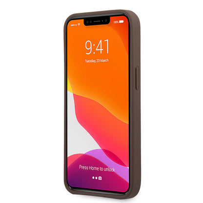 Apple iPhone 13 Pro Max Kılıf Guess Orjinal Lisanslı PU Deri 4G Desenli Metal Büyük 4G ve Yazı Logolu Kapak Kahverengi