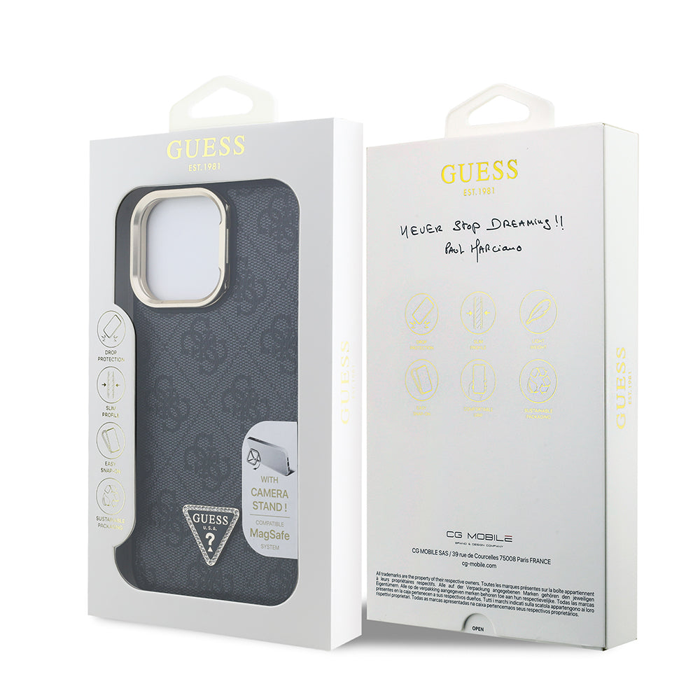 Apple iPhone 13 Pro Max Kılıf Guess Orjinal Lisanslı PU Deri Taşlı Üçgen Logo 4G Desenli Kamera Standlı Kapak Siyah