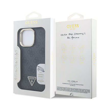 Apple iPhone 13 Pro Max Kılıf Guess Orjinal Lisanslı PU Deri Taşlı Üçgen Logo 4G Desenli Kamera Standlı Kapak Kahverengi