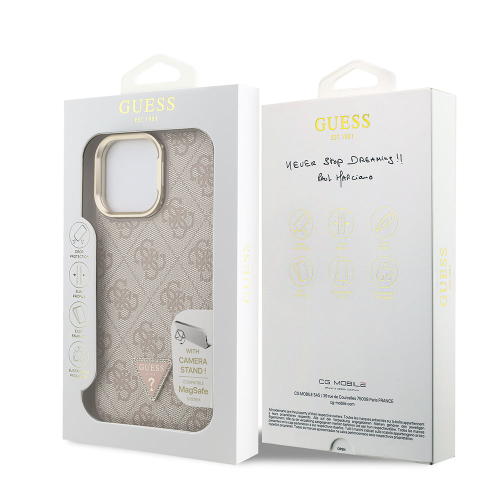 Apple iPhone 13 Pro Max Kılıf Guess Orjinal Lisanslı PU Deri Taşlı Üçgen Logo 4G Desenli Kamera Standlı Kapak Kahverengi