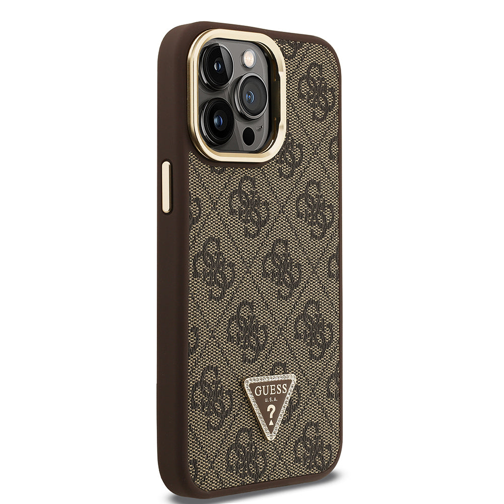 Apple iPhone 13 Pro Max Kılıf Guess Orjinal Lisanslı PU Deri Taşlı Üçgen Logo 4G Desenli Kamera Standlı Kapak Pembe