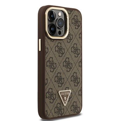 Apple iPhone 13 Pro Max Kılıf Guess Orjinal Lisanslı PU Deri Taşlı Üçgen Logo 4G Desenli Kamera Standlı Kapak Pembe