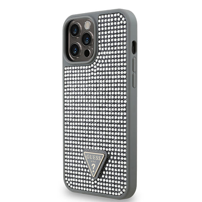 Apple iPhone 13 Pro Max Kılıf Guess Orjinal Lisanslı Taşlı Arka Yüzey Üçgen Logolu Kapak Pembe