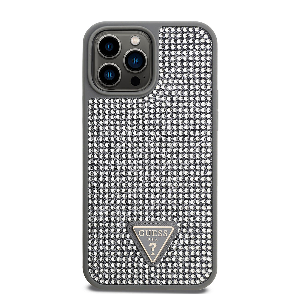 Apple iPhone 13 Pro Max Kılıf Guess Orjinal Lisanslı Taşlı Arka Yüzey Üçgen Logolu Kapak Gold