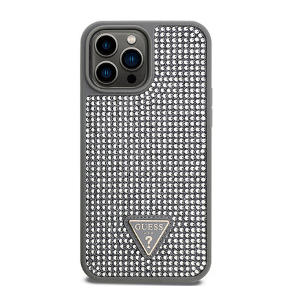 Apple iPhone 13 Pro Max Kılıf Guess Orjinal Lisanslı Taşlı Arka Yüzey Üçgen Logolu Kapak Gold