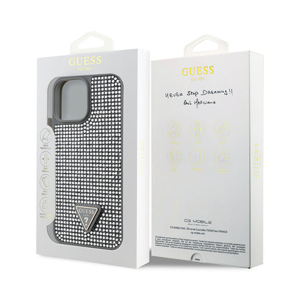 Apple iPhone 13 Pro Max Kılıf Guess Orjinal Lisanslı Taşlı Arka Yüzey Üçgen Logolu Kapak Gümüş